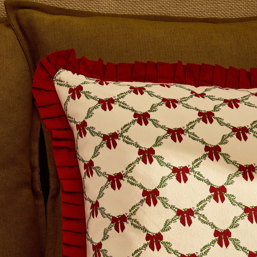 Housse de coussin de canapé en 100 % coton avec bord volanté et nœud de Noël - Bordeaux
