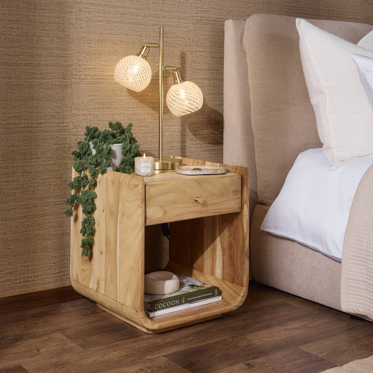 Dusklia - Cleo Acacia Wood 1 Drawer Bedside Table - Light Wood