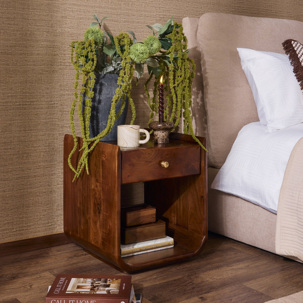 Dusklia - Cleo Acacia Wood 1 Drawer Bedside Table - Walnut