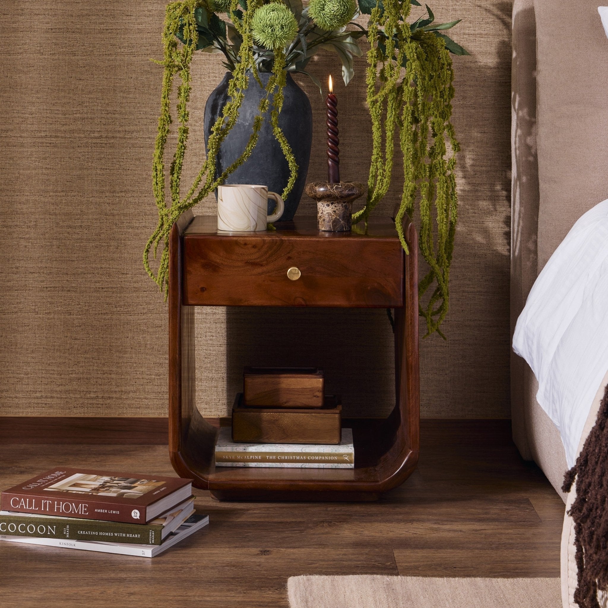 Dusklia - Cleo Acacia Wood 1 Drawer Bedside Table - Walnut
