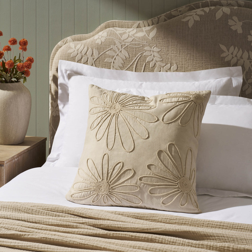 Dusklia - Cotton Embroidered Flower Cushion Cover - Natural