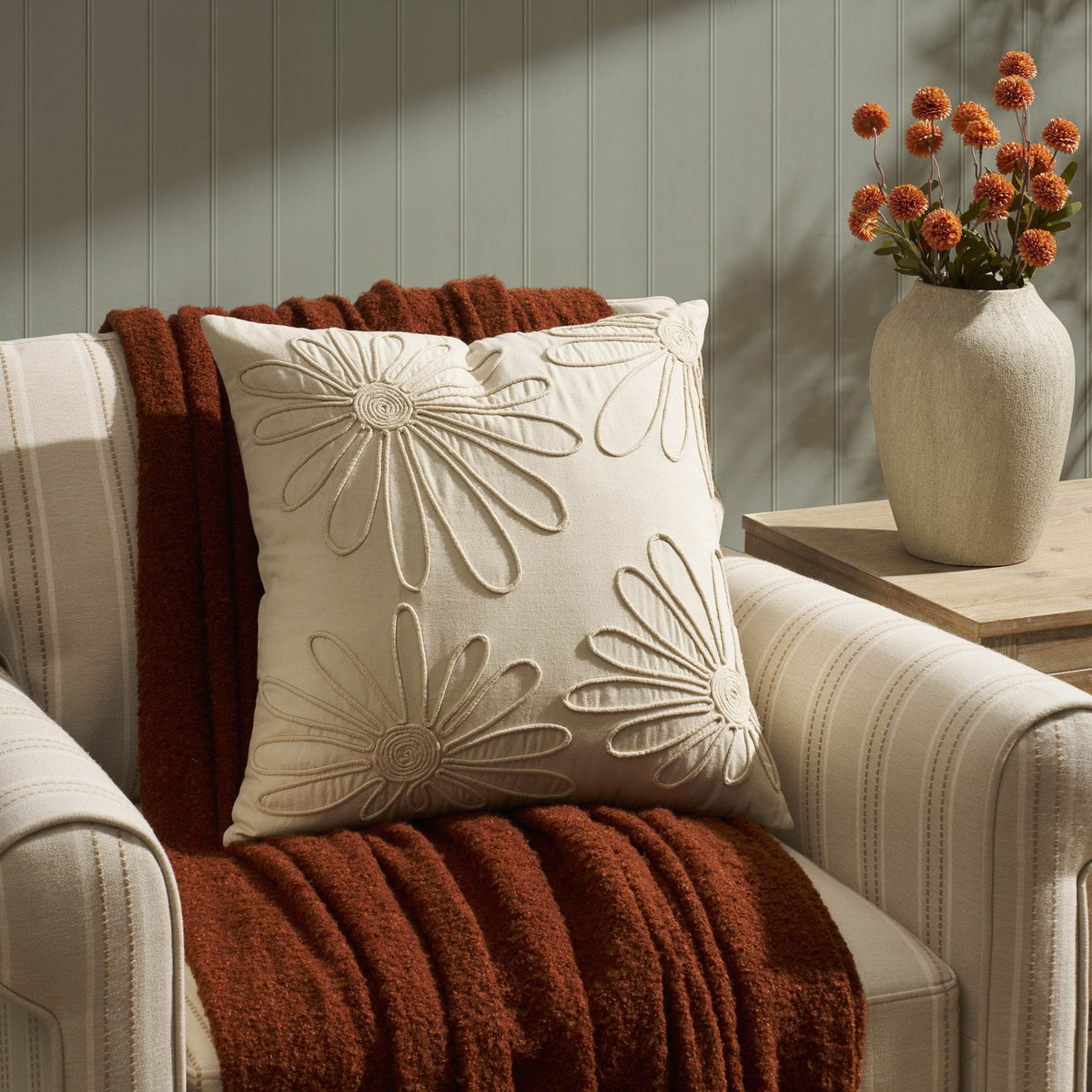 Dusklia - Cotton Embroidered Flower Sofa Cushion Cover - Natural