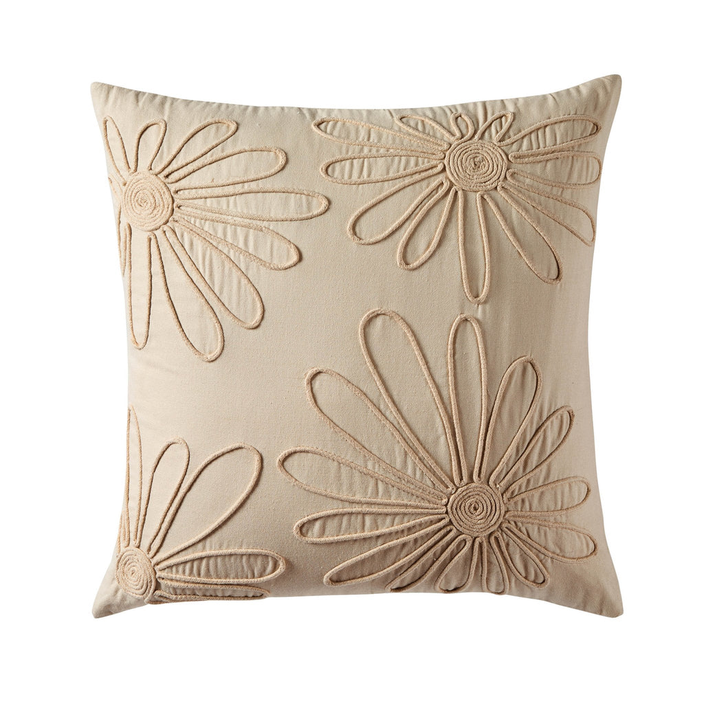 Dusklia - Cotton Embroidered Flower Cushion Cover - Natural