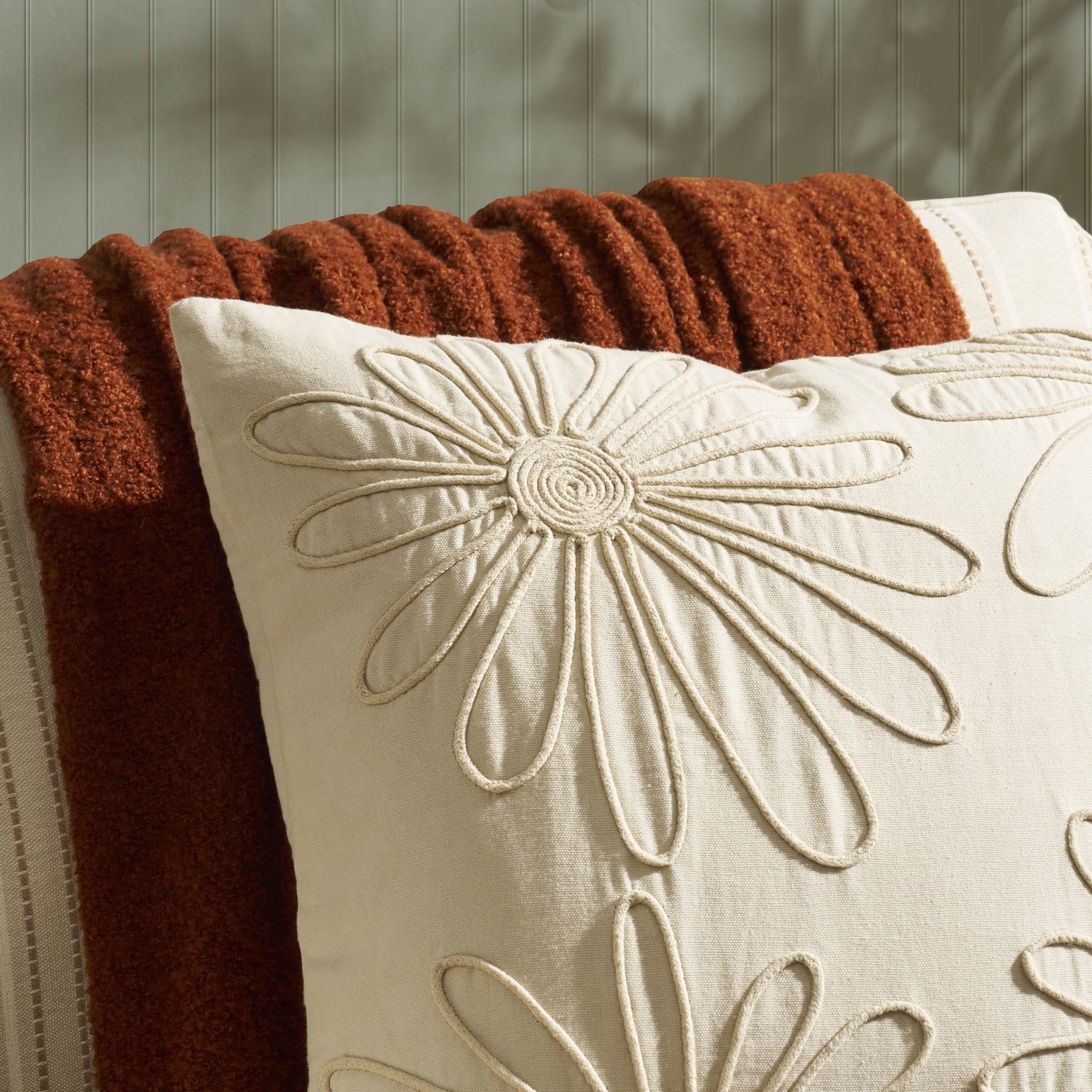 Dusklia - Cotton Embroidered Flower Sofa Cushion Cover - Natural