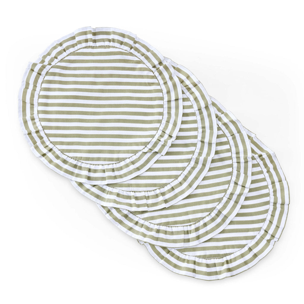 Dusklia - Edith Stripe Frill Edge Set of 4 Placemats - Olive Green