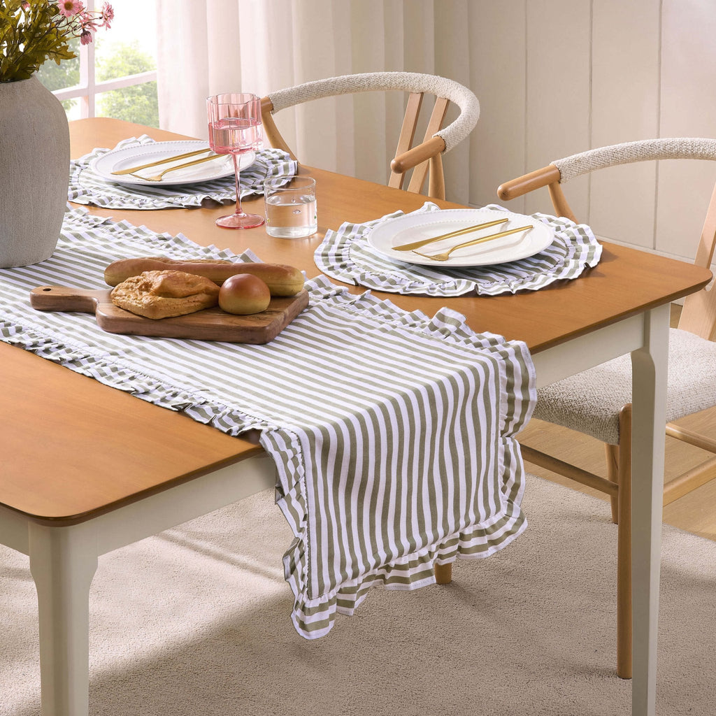 Dusklia - Edith Stripe Frill Edge Table Runner - Olive Green