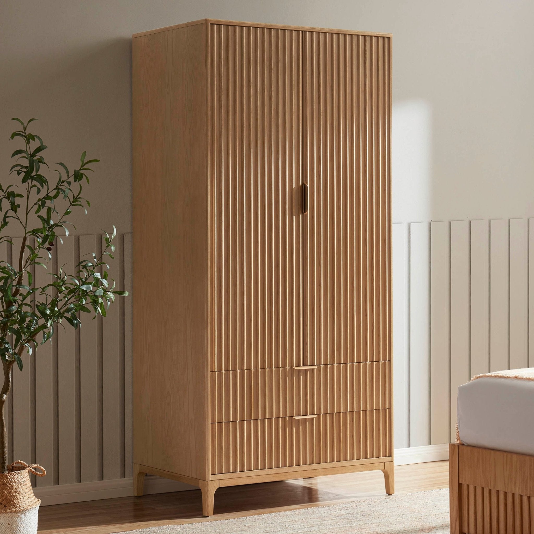 Dusklia - Elena Ash 2 Door Wardrobe with Drawers - Light Wood