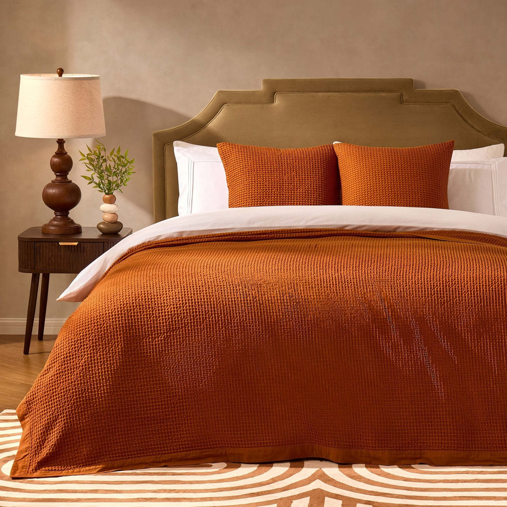 Dusklia - Eleni Cotton Waffle Stonewash Bedspread - Orange