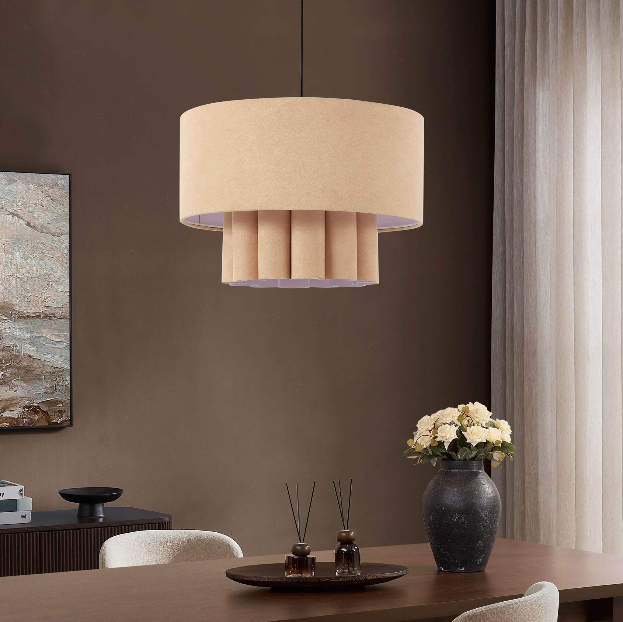 Dusklia - Eli Faux Suede Two Tier Scallop Ceiling Shade - Beige