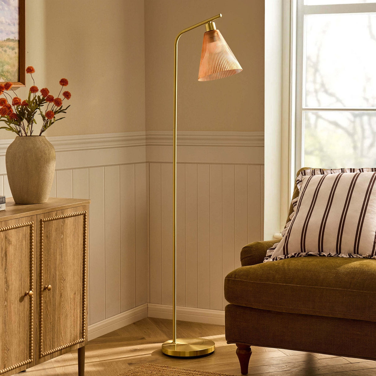 Dusklia - Ella Glass Conical Striped Floor Lamp - Amber