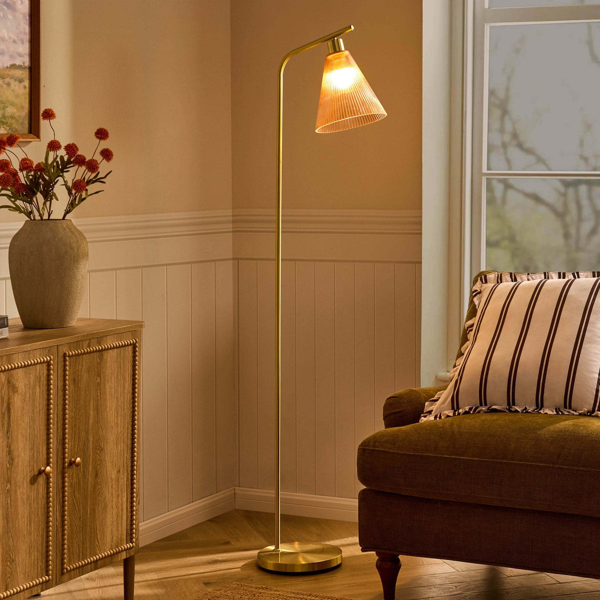 Dusklia - Ella Glass Conical Striped Floor Lamp - Amber