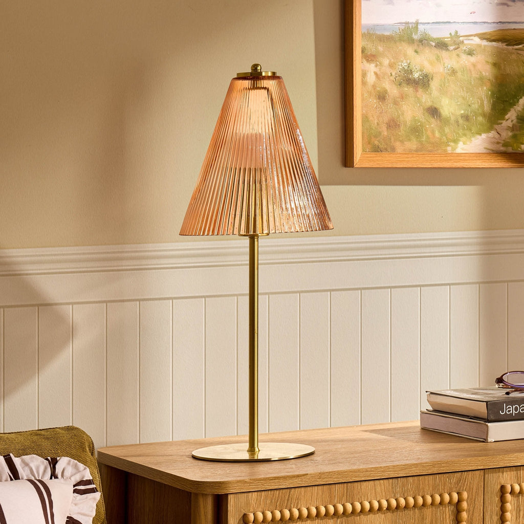 Dusklia - Ella Glass Conical Striped Table Lamp - Amber