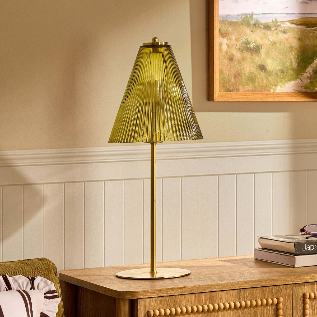 Dusklia - Ella Glass Conical Striped Table Lamp - Green