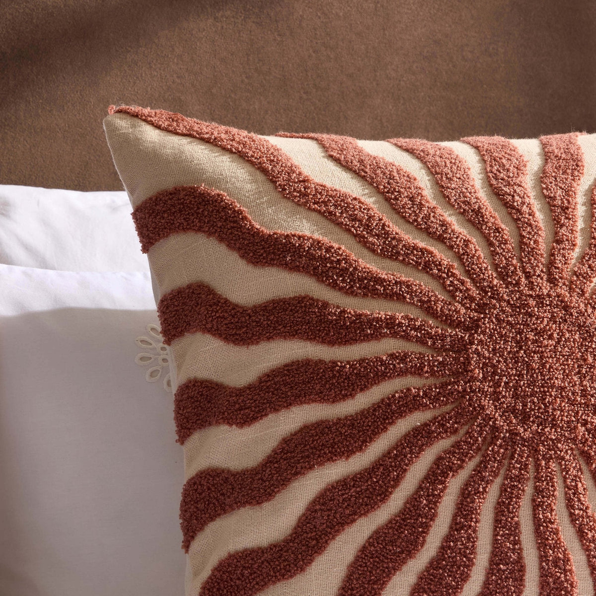 Dusklia - Embroidered Sun Cushion Cover - Burnt Orange