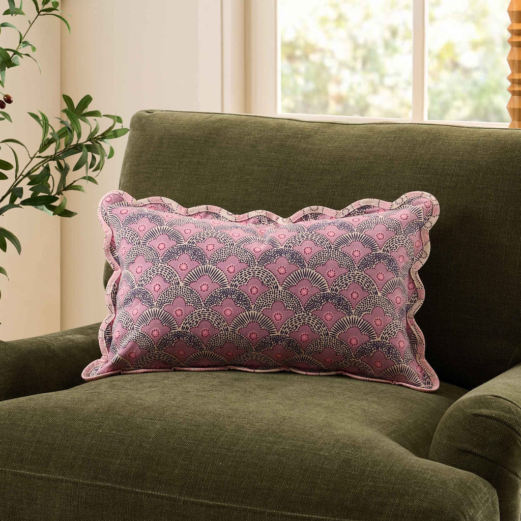 Dusklia - Esme 100% Cotton Printed Scallop Reversible Sofa Cushion Cover - Pink