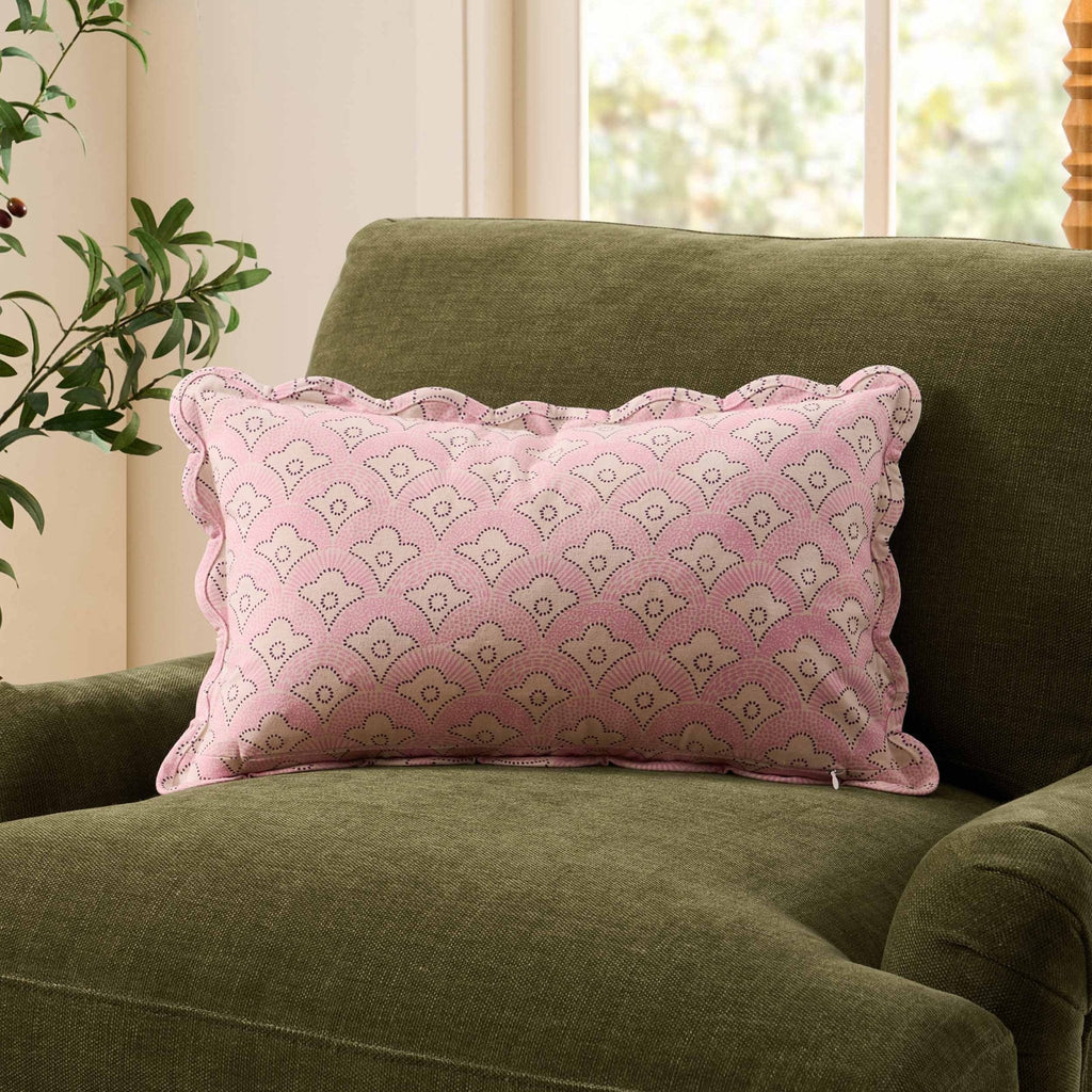 Dusklia - Esme 100% Cotton Printed Scallop Reversible Sofa Cushion Cover - Pink