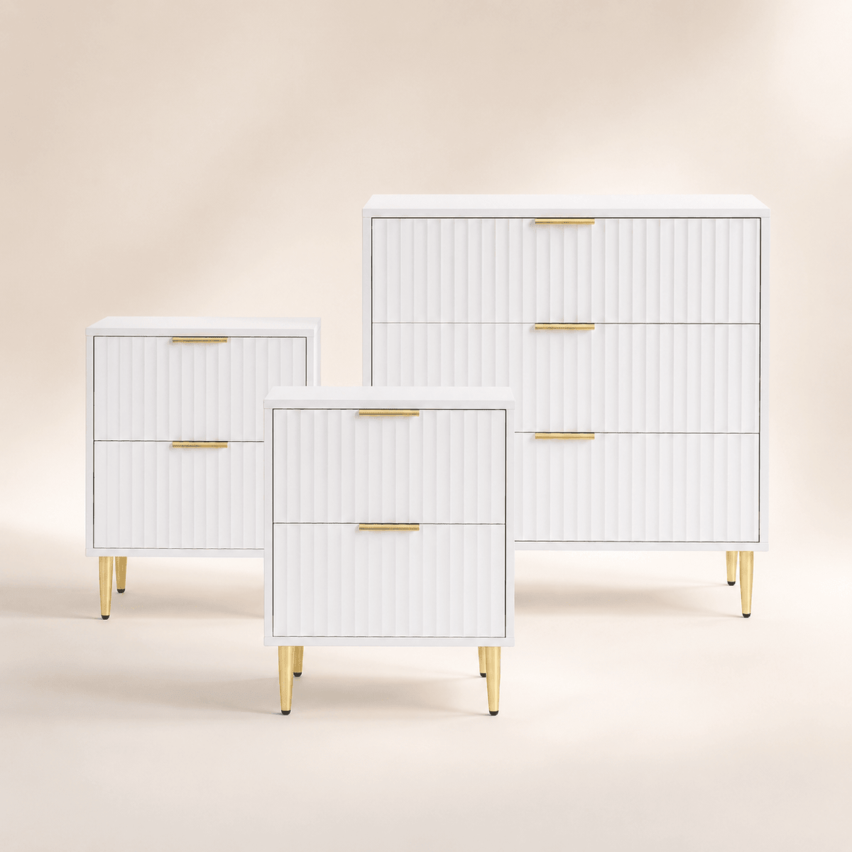 Dusklia - Evie 3 Piece Bundle - 2 Bedside Tables and Small Chest - Warm White