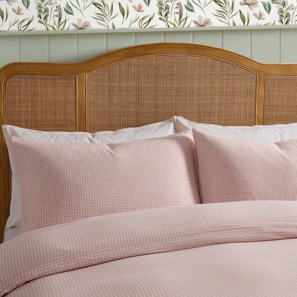 Dusklia - Faro Muslin Gingham Duvet Cover & Pillowcase Set - Blush Pink