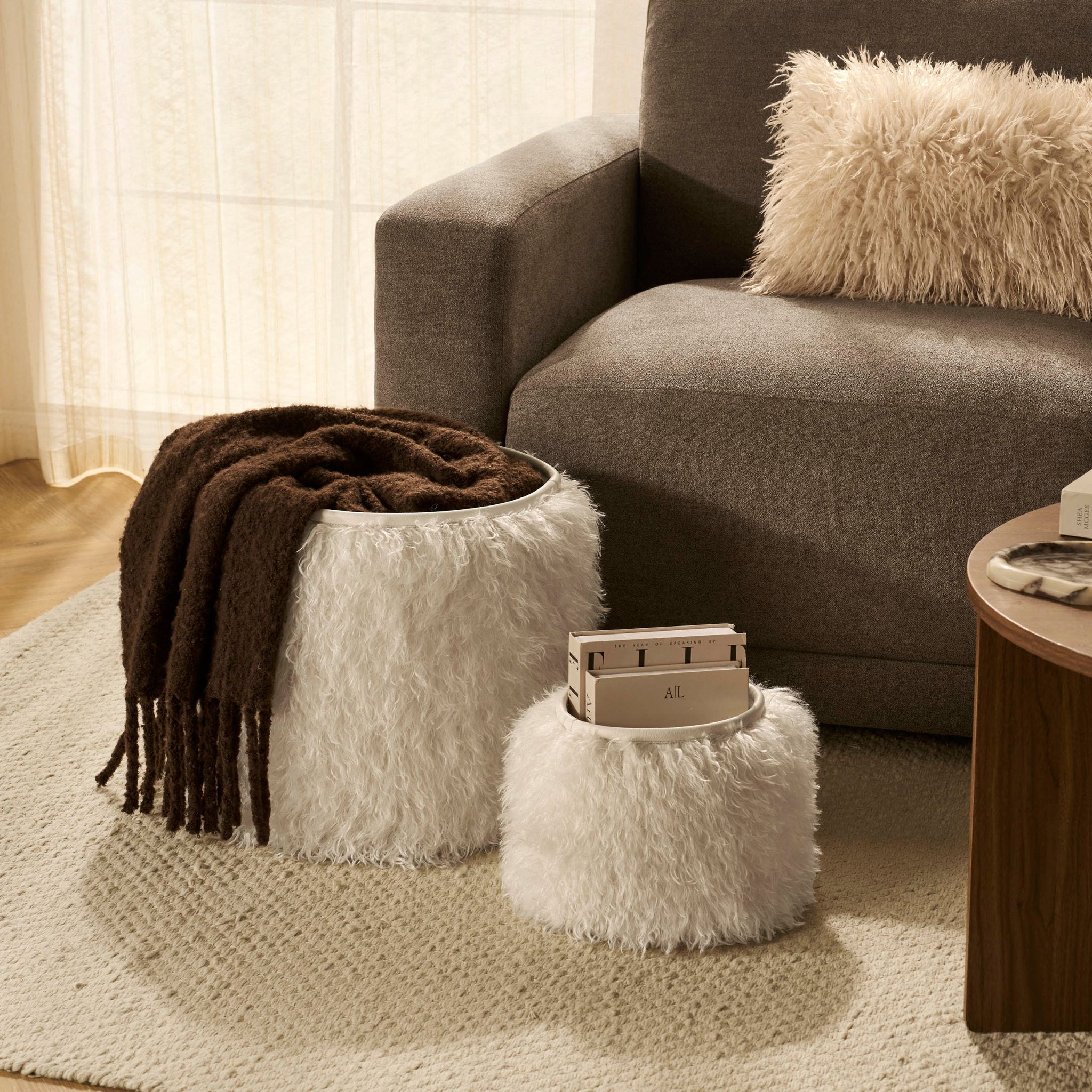 Dusklia - Faux Fur Sheepskin Storage Basket - Off-White