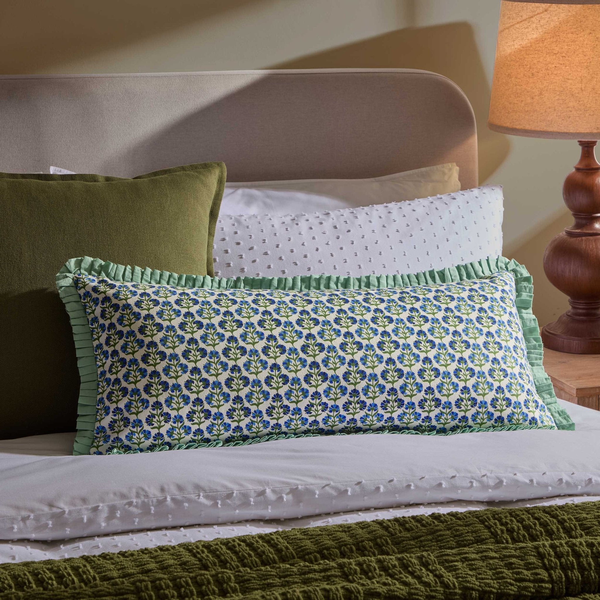 Dusklia - Fiona 100% Cotton Box Pleat Edge Printed Cushion Cover - Blue