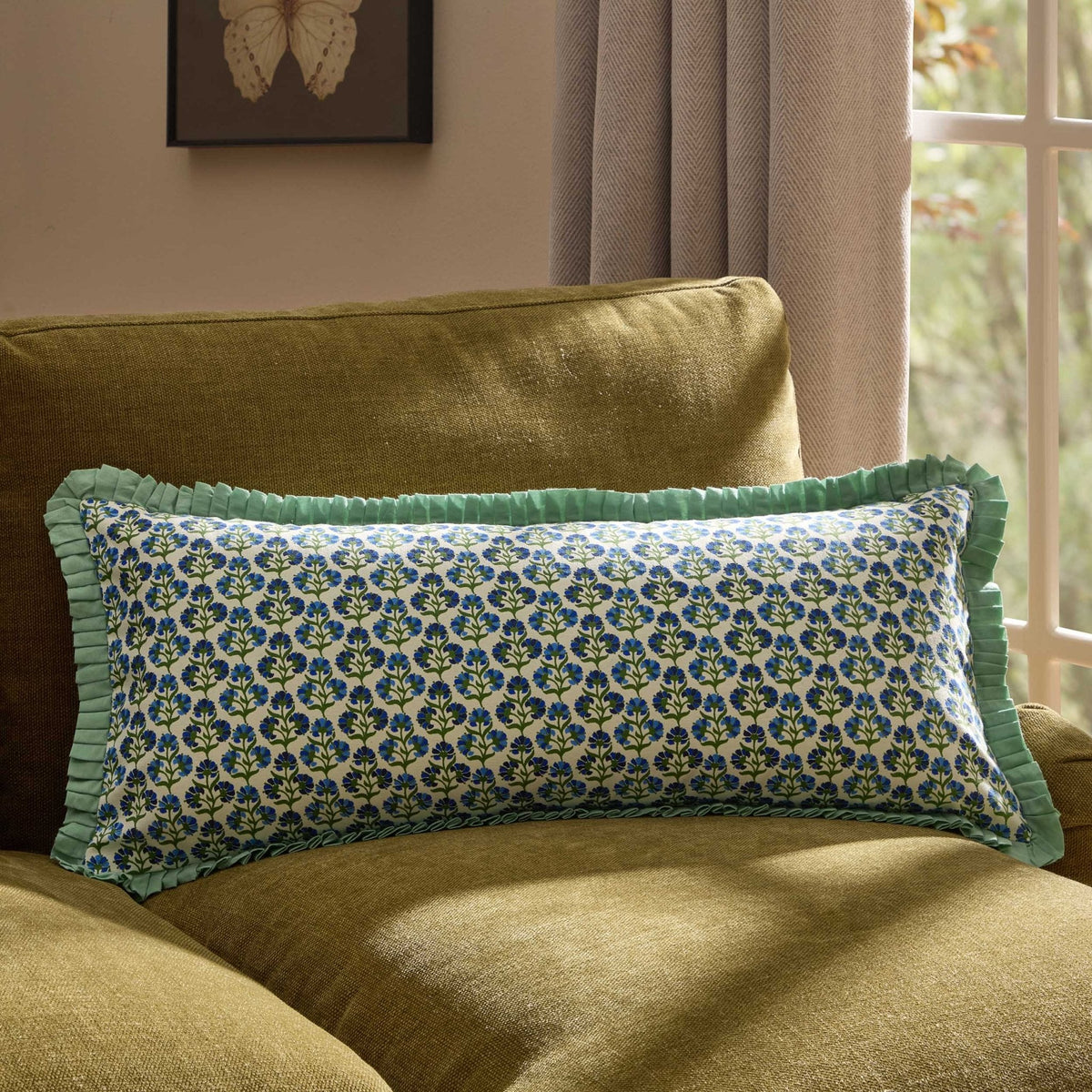 Dusklia - Fiona 100% Cotton Box Pleat Edge Printed Sofa Cushion Cover - Blue