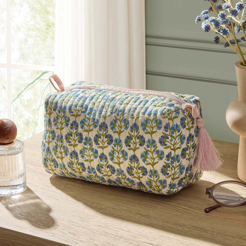 Dusklia - Fiona Cotton Printed Makeup Bag - Blue/ Pink
