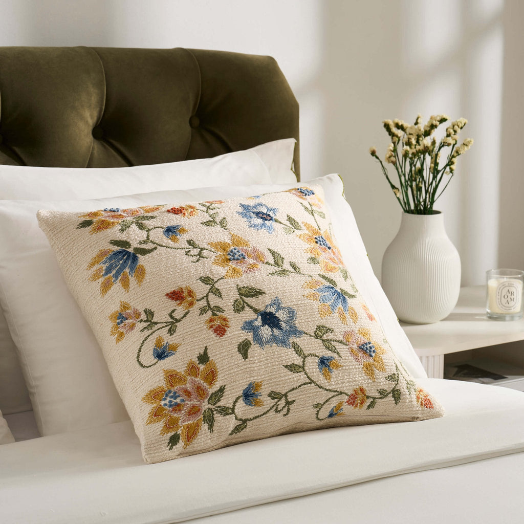 Dusklia - Floral Jacquard Embroidered Cushion Cover - Blue