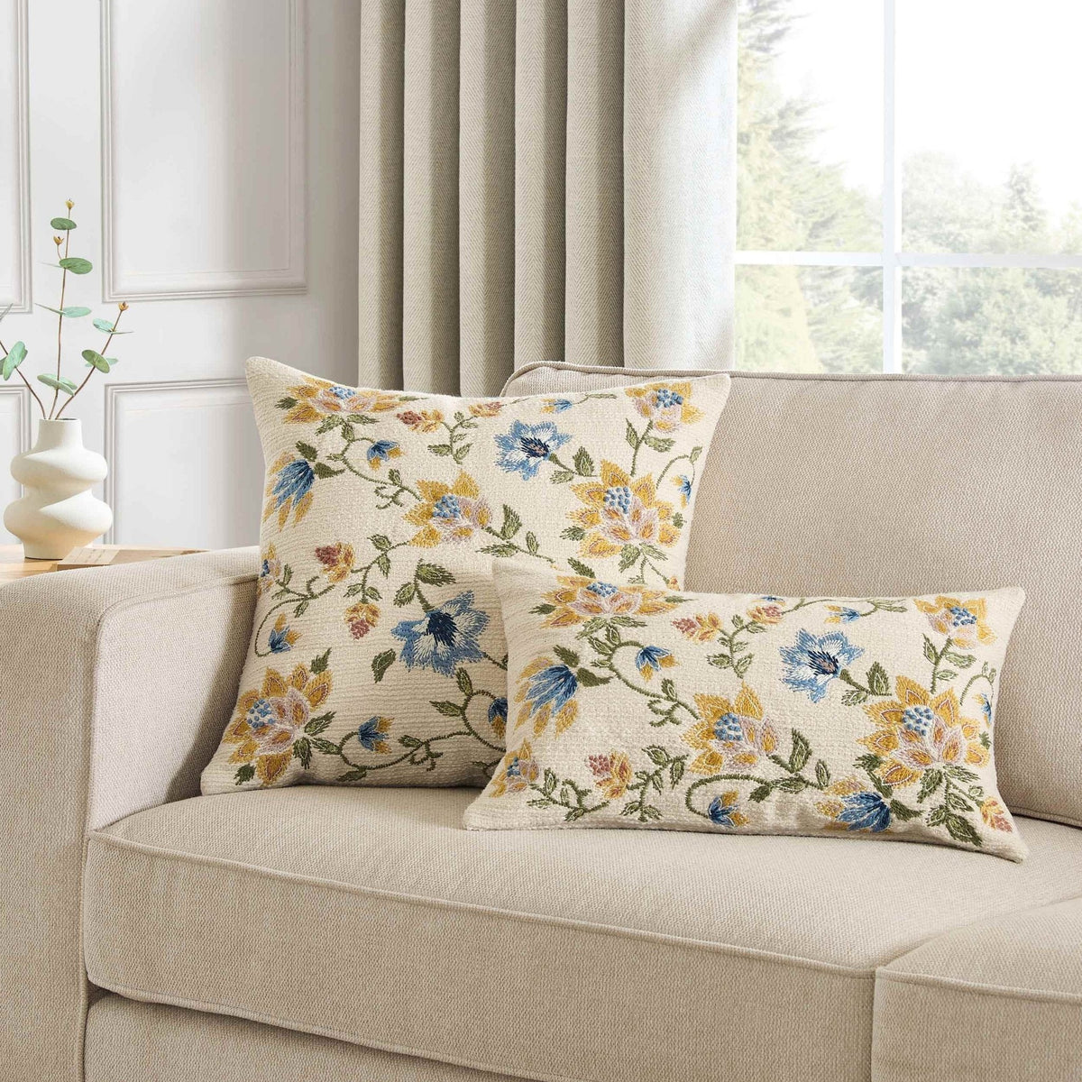 Dusklia - Floral Jacquard Embroidered Sofa Cushion Cover - Blue