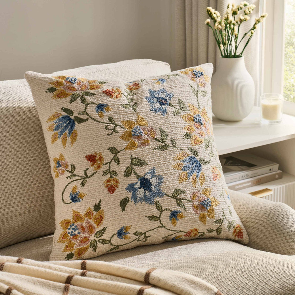 Dusklia - Floral Jacquard Embroidered Sofa Cushion Cover - Blue