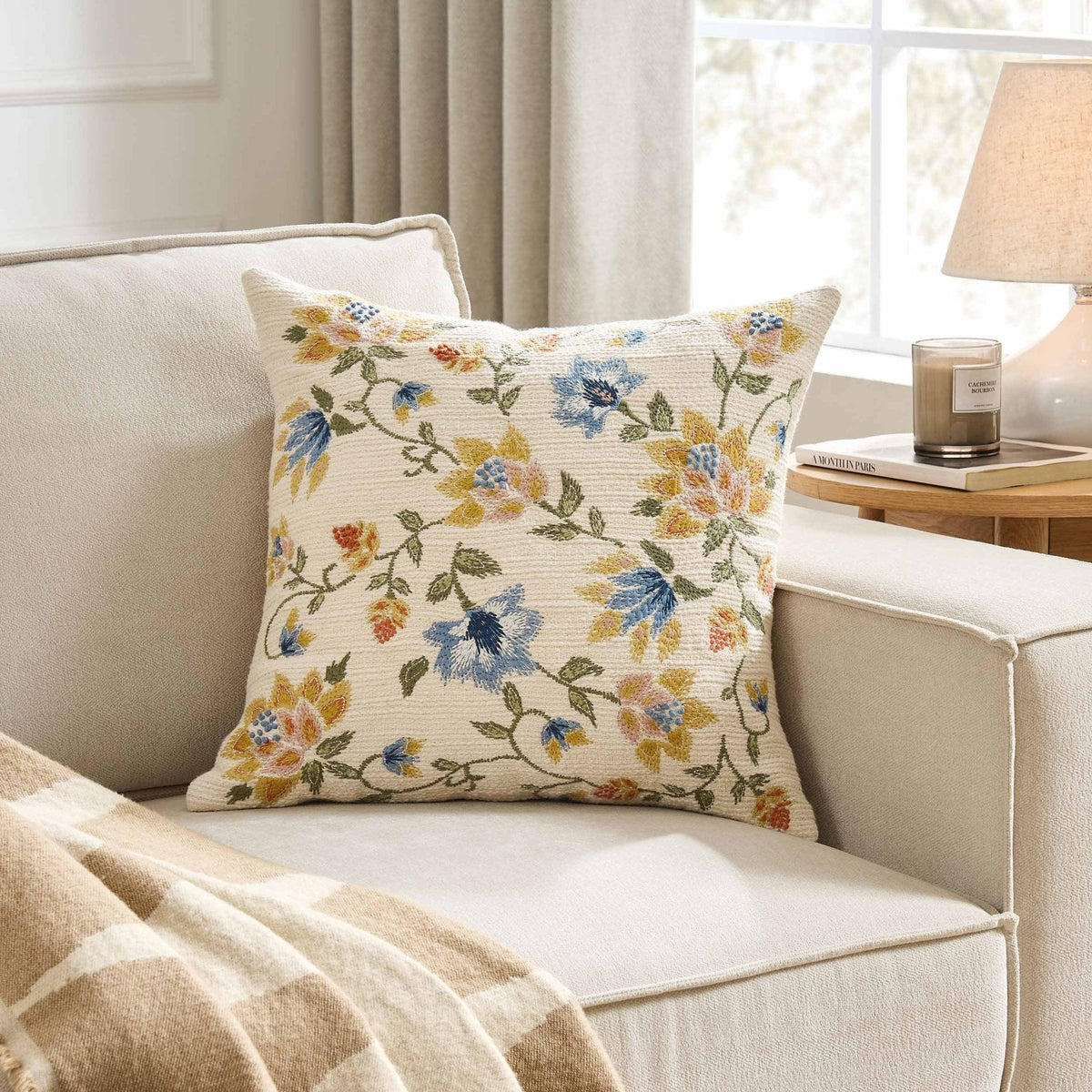 Dusklia - Floral Jacquard Embroidered Sofa Cushion Cover - Blue