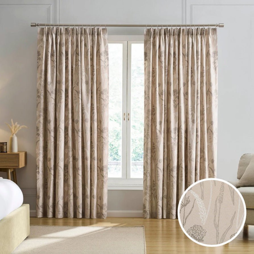 Dusklia - Floral Pencil Pleat Curtains - Taupe