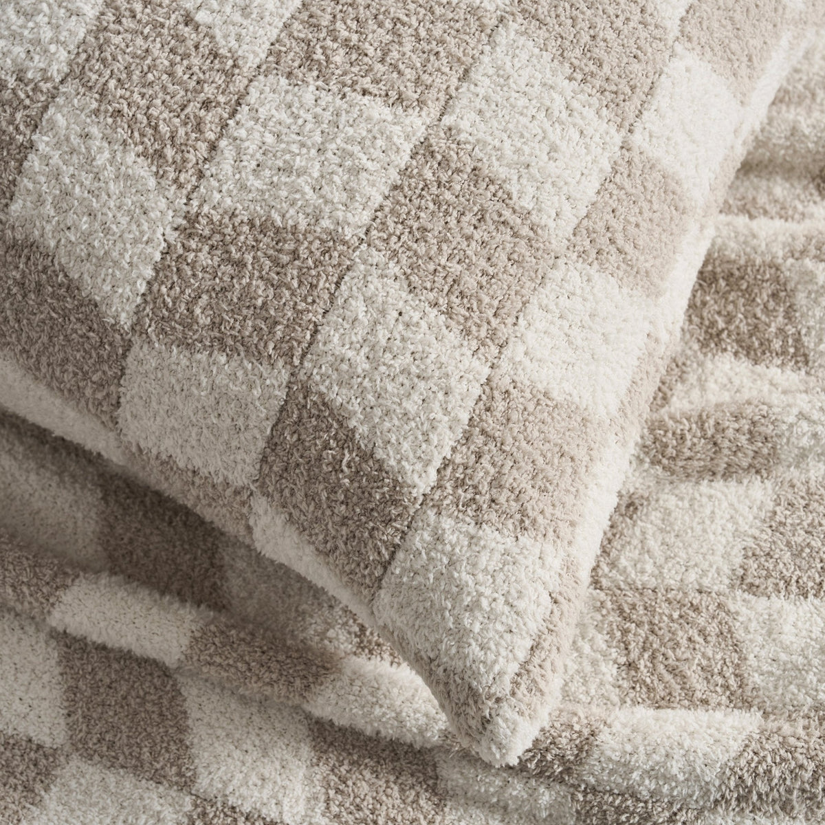 Dusklia - Fluffy Knit Checkerboard Sofa Cushion Cover - Natural