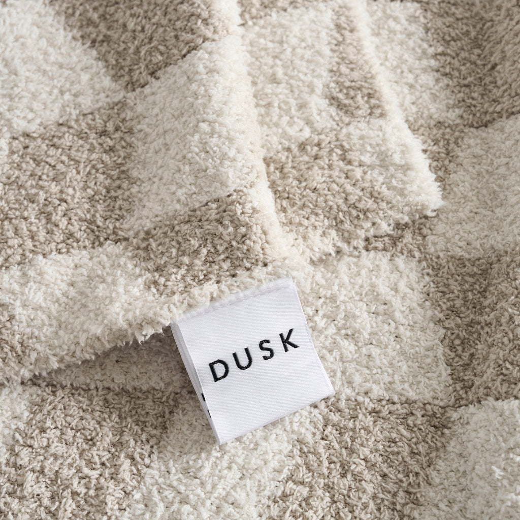 Dusklia - Fluffy Knit Checkerboard Sofa Throw - Natural
