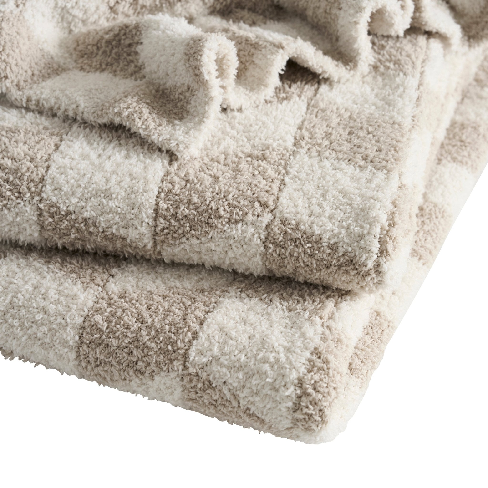 Dusklia - Fluffy Knit Checkerboard Sofa Throw - Natural
