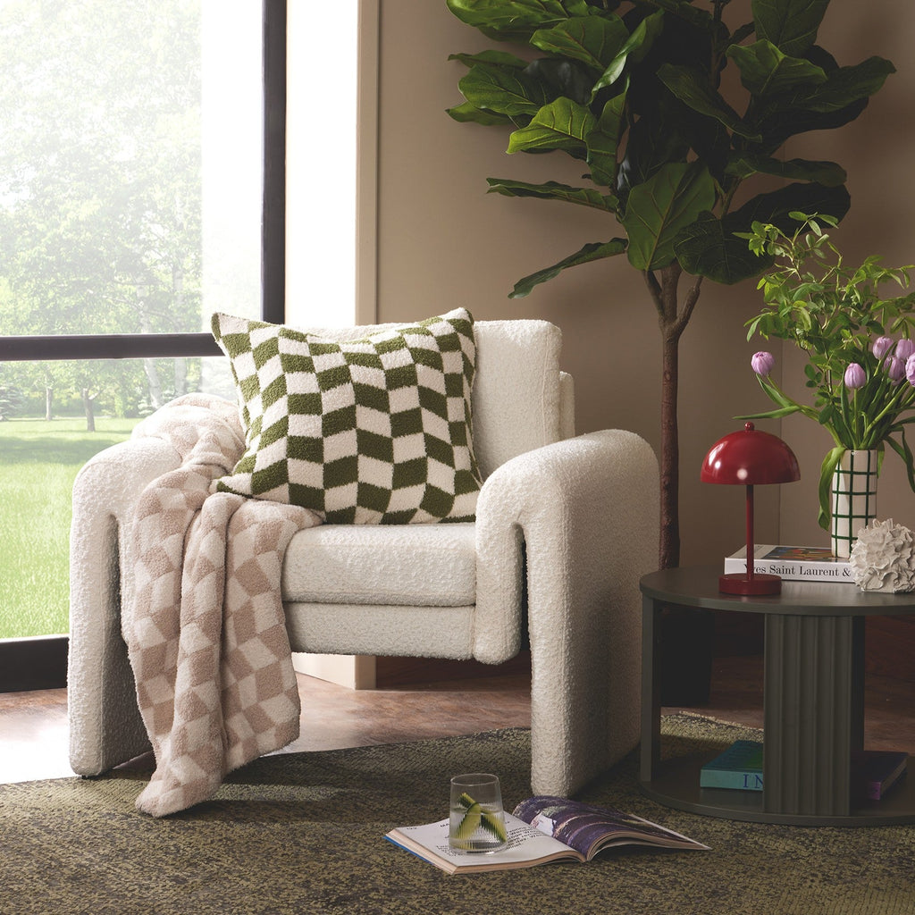 Dusklia - Fluffy Knit Checkerboard Sofa Throw - Natural