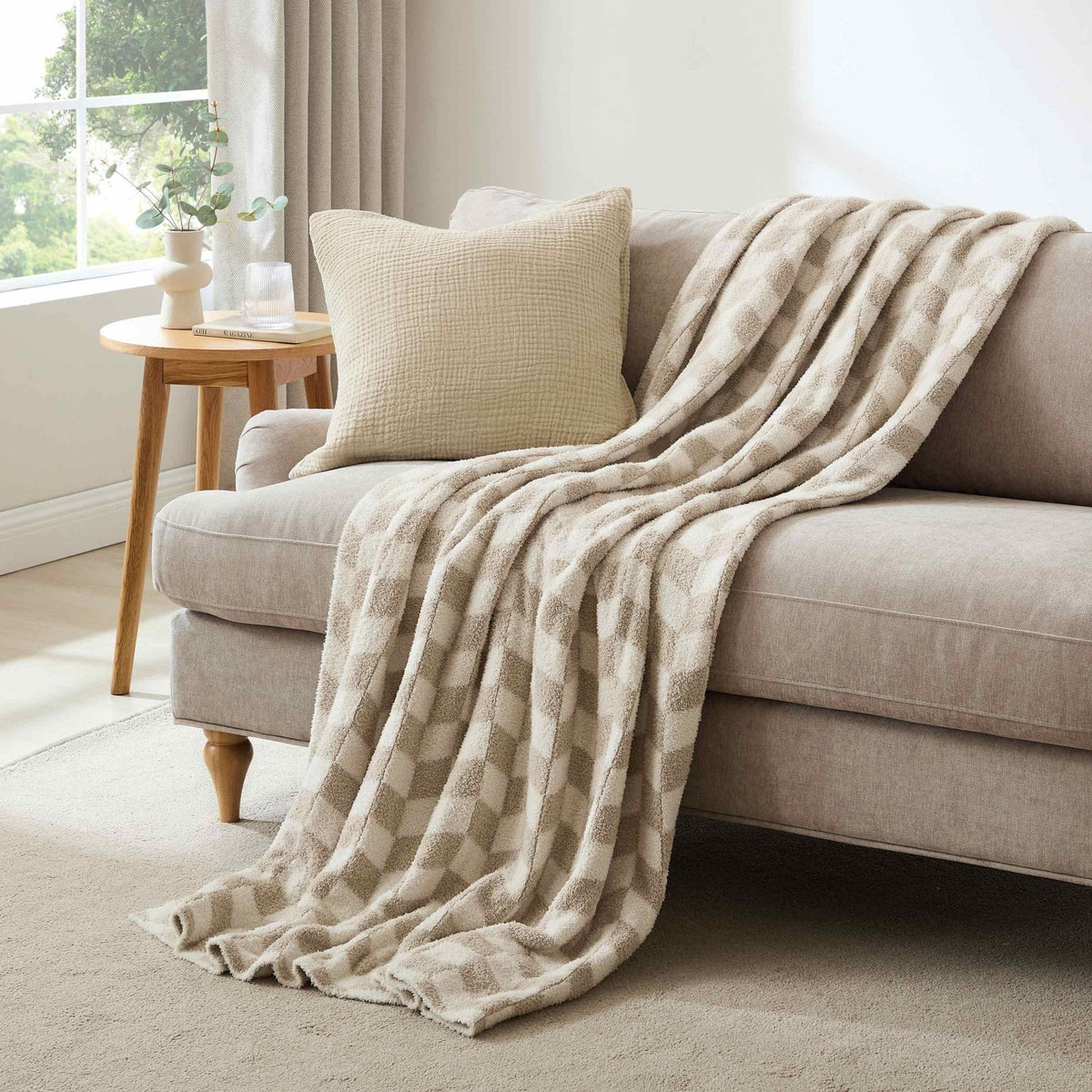 Dusklia - Fluffy Knit Checkerboard Sofa Throw - Natural