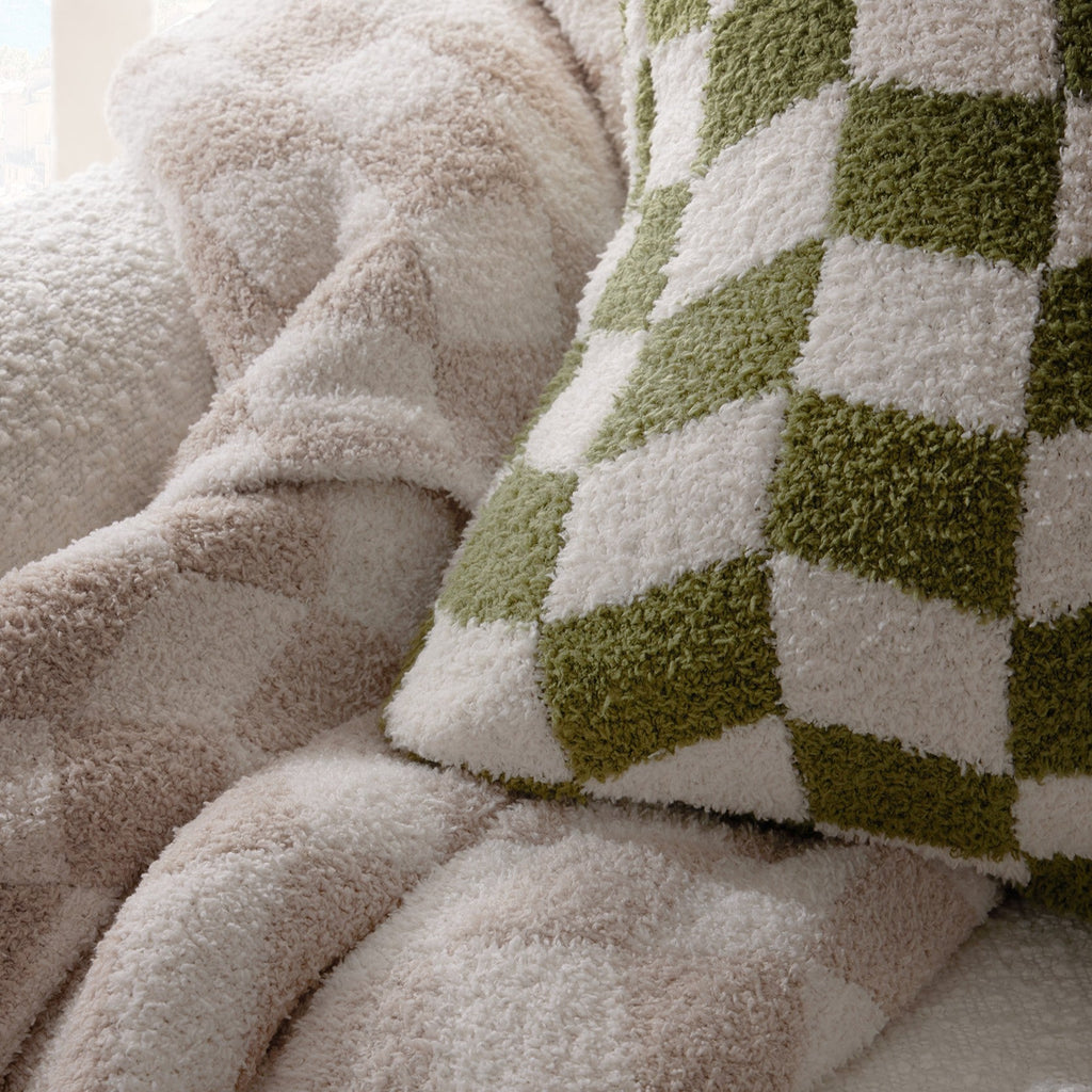 Dusklia - Fluffy Knit Checkerboard Sofa Throw - Natural