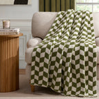 Dusklia - Fluffy Knit Checkerboard Sofa Throw - Olive