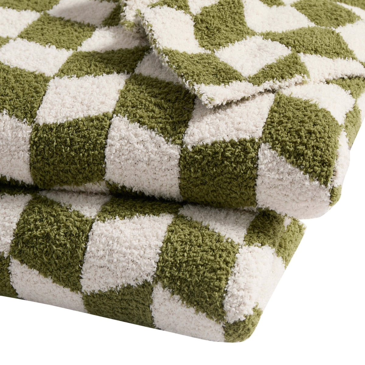 Dusklia - Fluffy Knit Checkerboard Sofa Throw - Olive