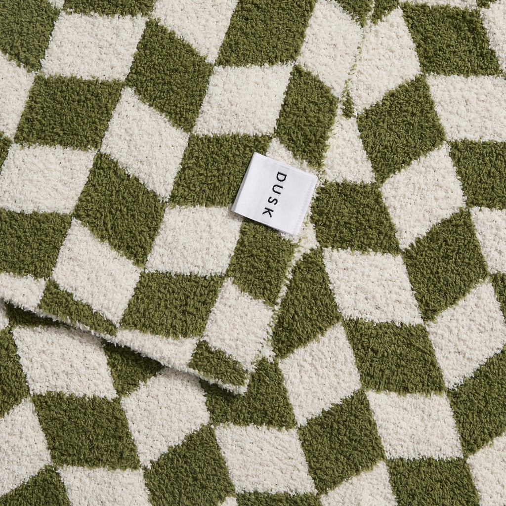 Dusklia - Fluffy Knit Checkerboard Sofa Throw - Olive