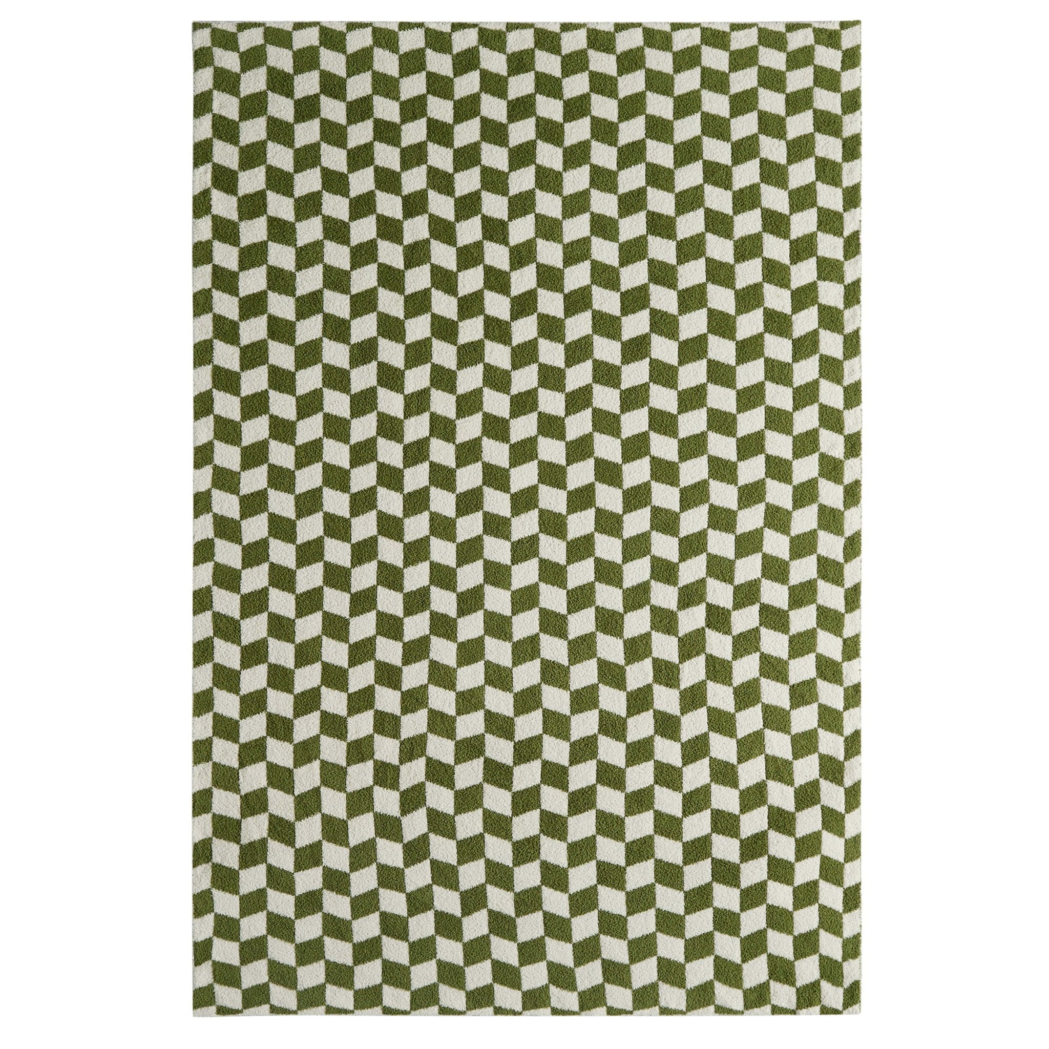 Dusklia - Fluffy Knit Checkerboard Sofa Throw - Olive