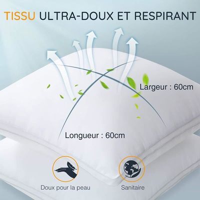 FREOSEN Lot de 2 oreillers Volumineux 60x60 cm Blanc - Doux et Confortable - Antiacarien et Hypoallergénique