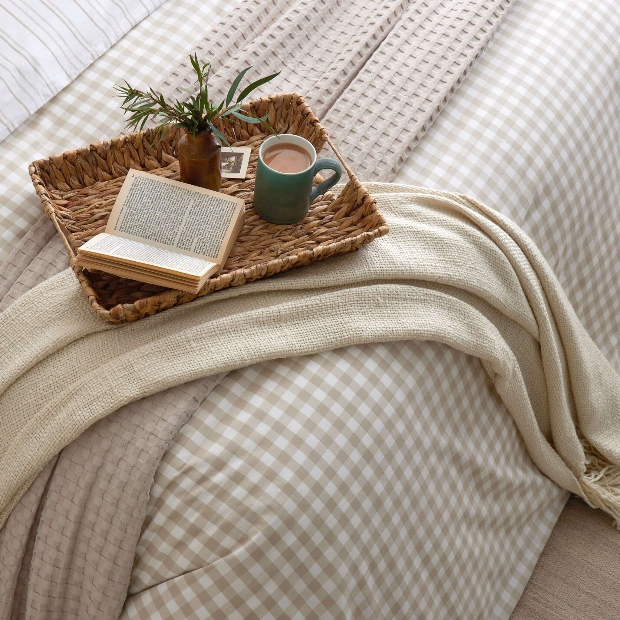 Dusklia - Gabriella Gingham 100% Cotton Duvet Cover and Pillowcase Set - Natural