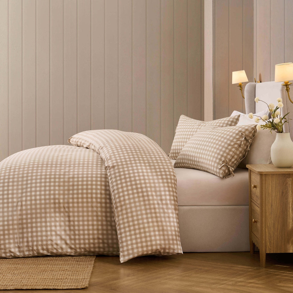 Dusklia - Gabriella Gingham 100% Cotton Duvet Cover and Pillowcase Set - Natural