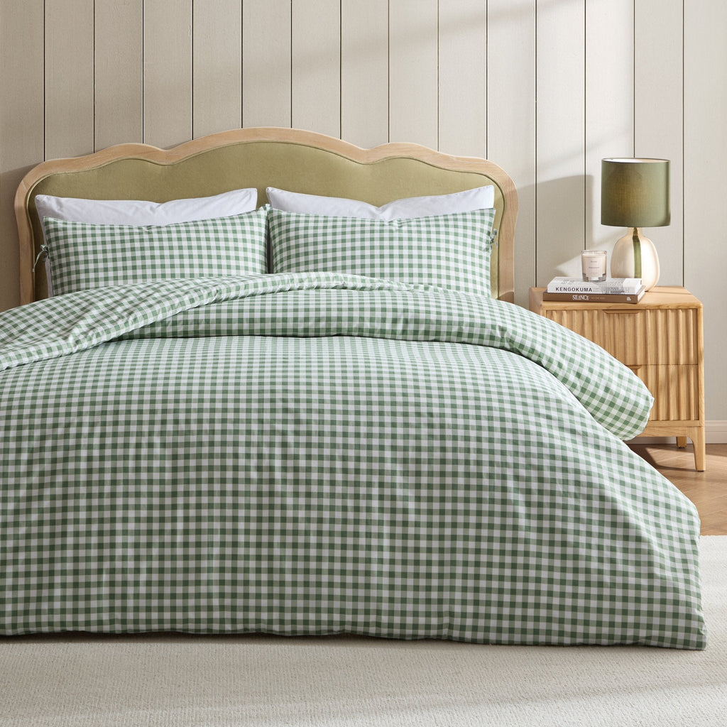 Dusklia - Gabriella Gingham 100% Cotton Duvet Cover and Pillowcase Set - Green