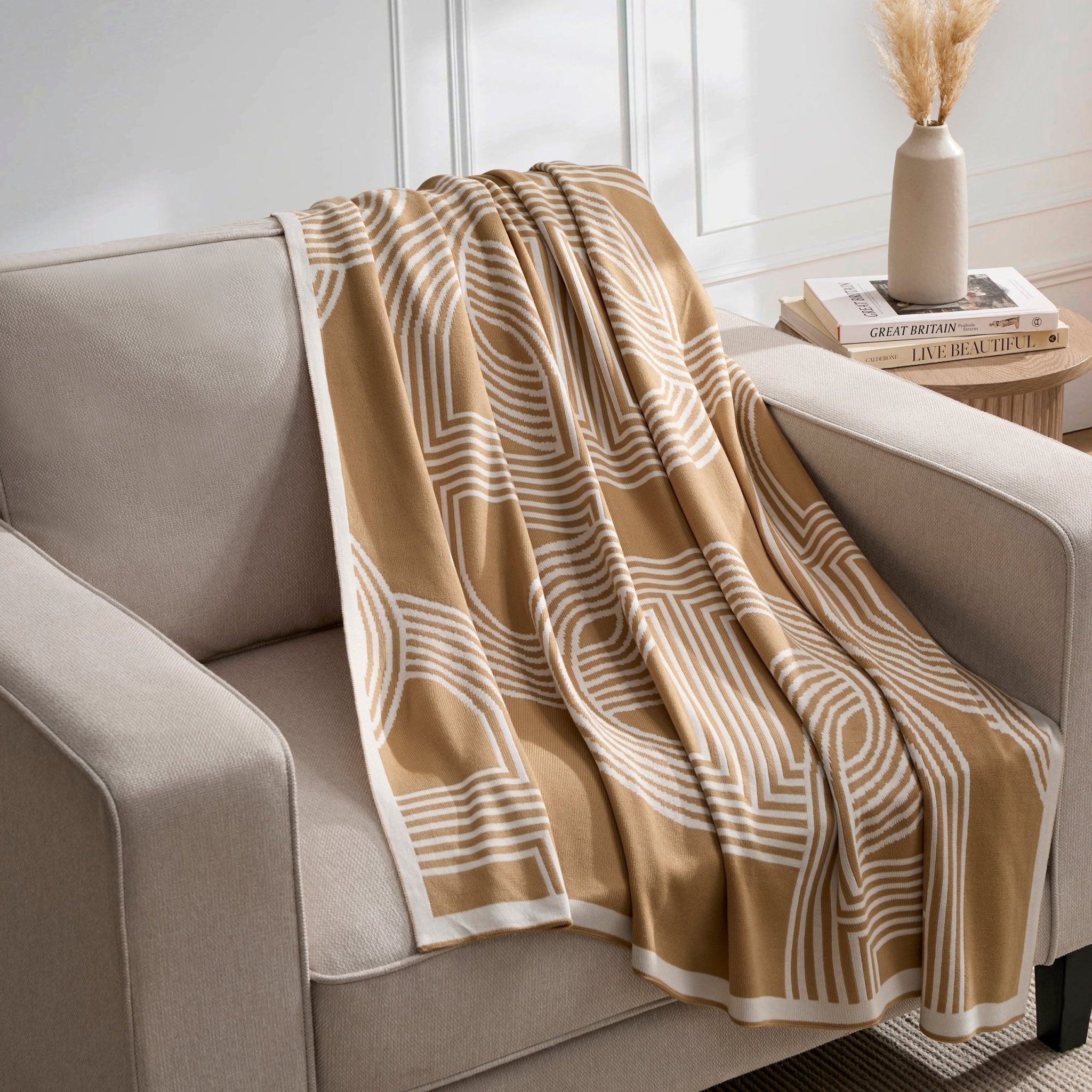 Dusklia - Geometric Contrast Knit Sofa Throw - Taupe