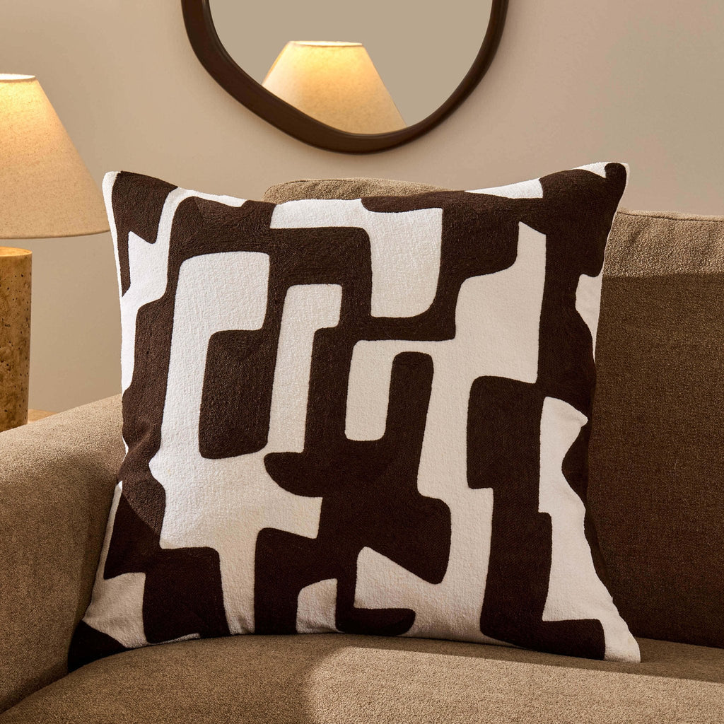 Dusklia - Geometric Embroidered Sofa Cushion Cover - Chocolate