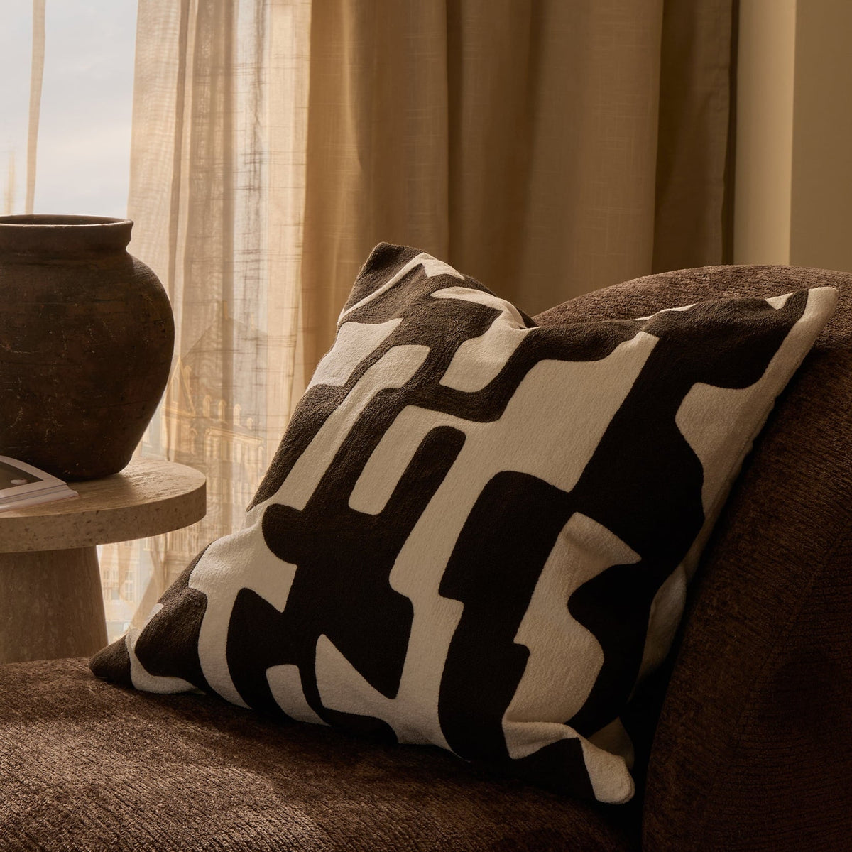 Dusklia - Geometric Embroidered Sofa Cushion Cover - Chocolate