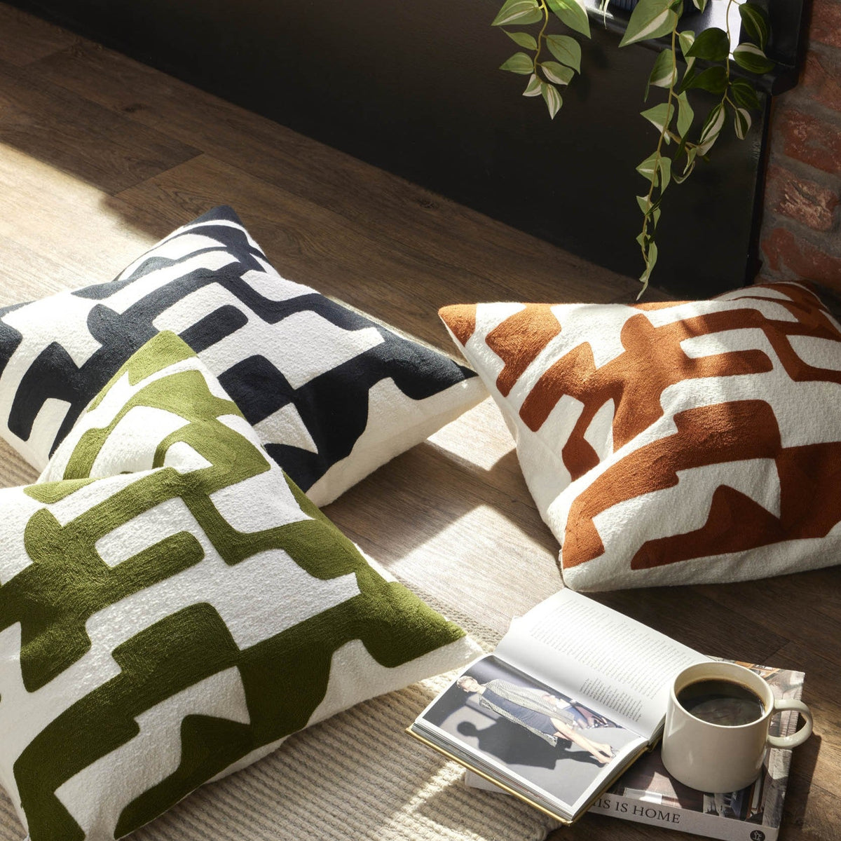 Dusklia - Geometric Embroidered Cushion Cover - Burnt Orange