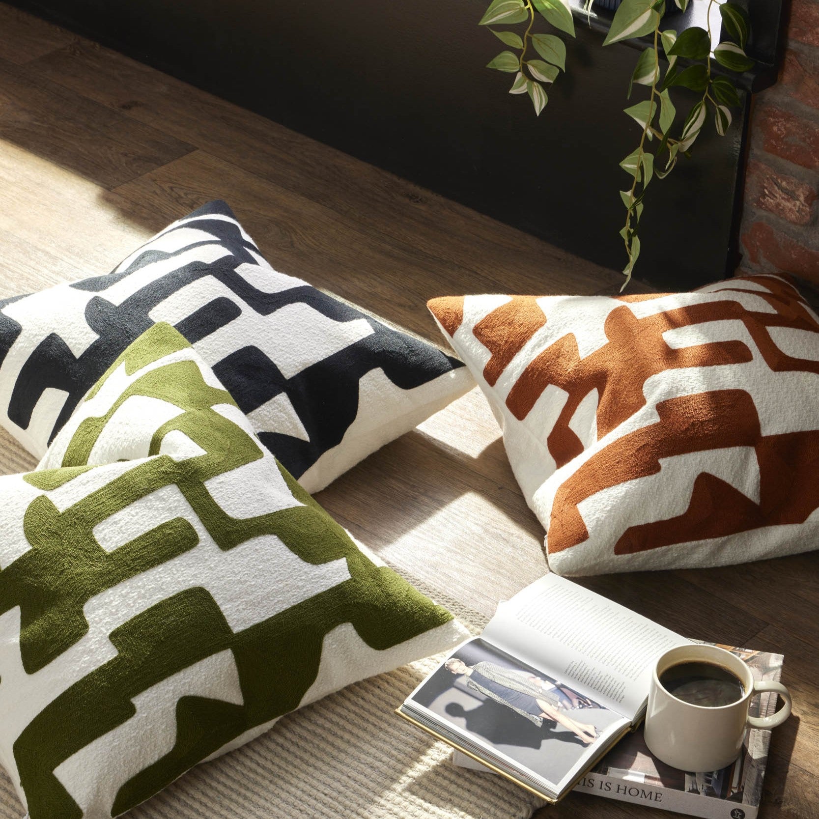 Dusklia - Geometric Embroidered Cushion Cover - Dark Green